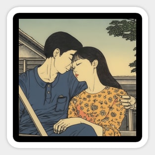 Pretty Asian Couple Hugging and Kissing on the Bench Sticker